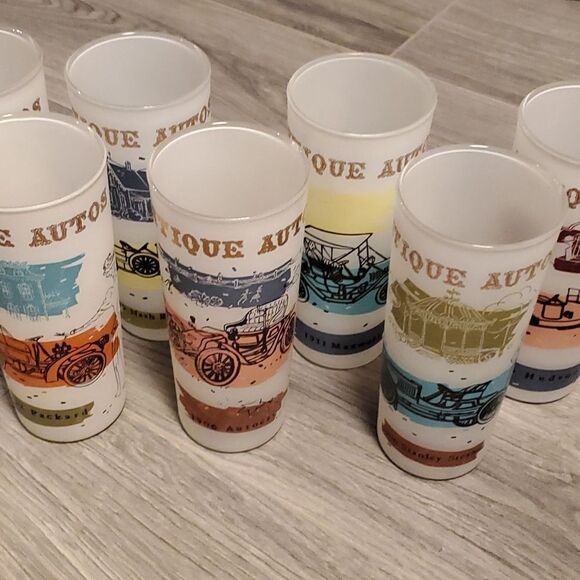 EUC MCM Anchor Vintage Set of 8 Antique Autos Frosted Glasses - Picture 1 of 5
